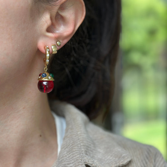 Gold-Tone Red Beads + Cabochon Stones C-Shape Hoop Earrings