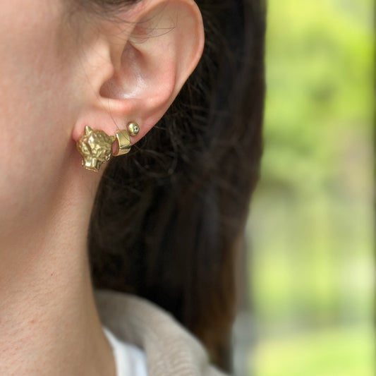 Estate Gold-Tone Hammered Panther Head Stud Earrings