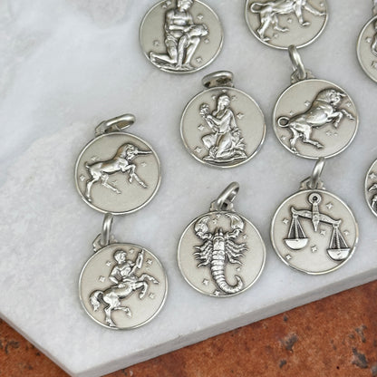 Sterling Silver Zodiac Sign Antiqued Round Medal Pendant 16mm