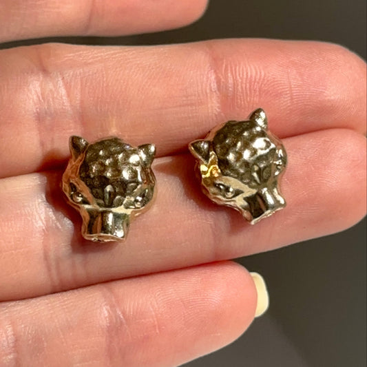 Estate Gold-Tone Hammered Panther Head Stud Earrings