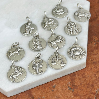 Sterling Silver Zodiac Sign Antiqued Round Medal Pendant 16mm