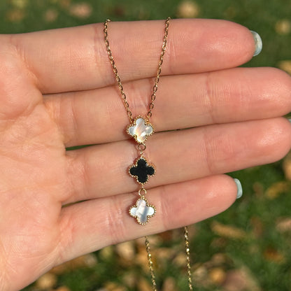 14KT Yellow Gold Ribbed Onyx + Pearl 3 Clover Drop Lariat Necklace