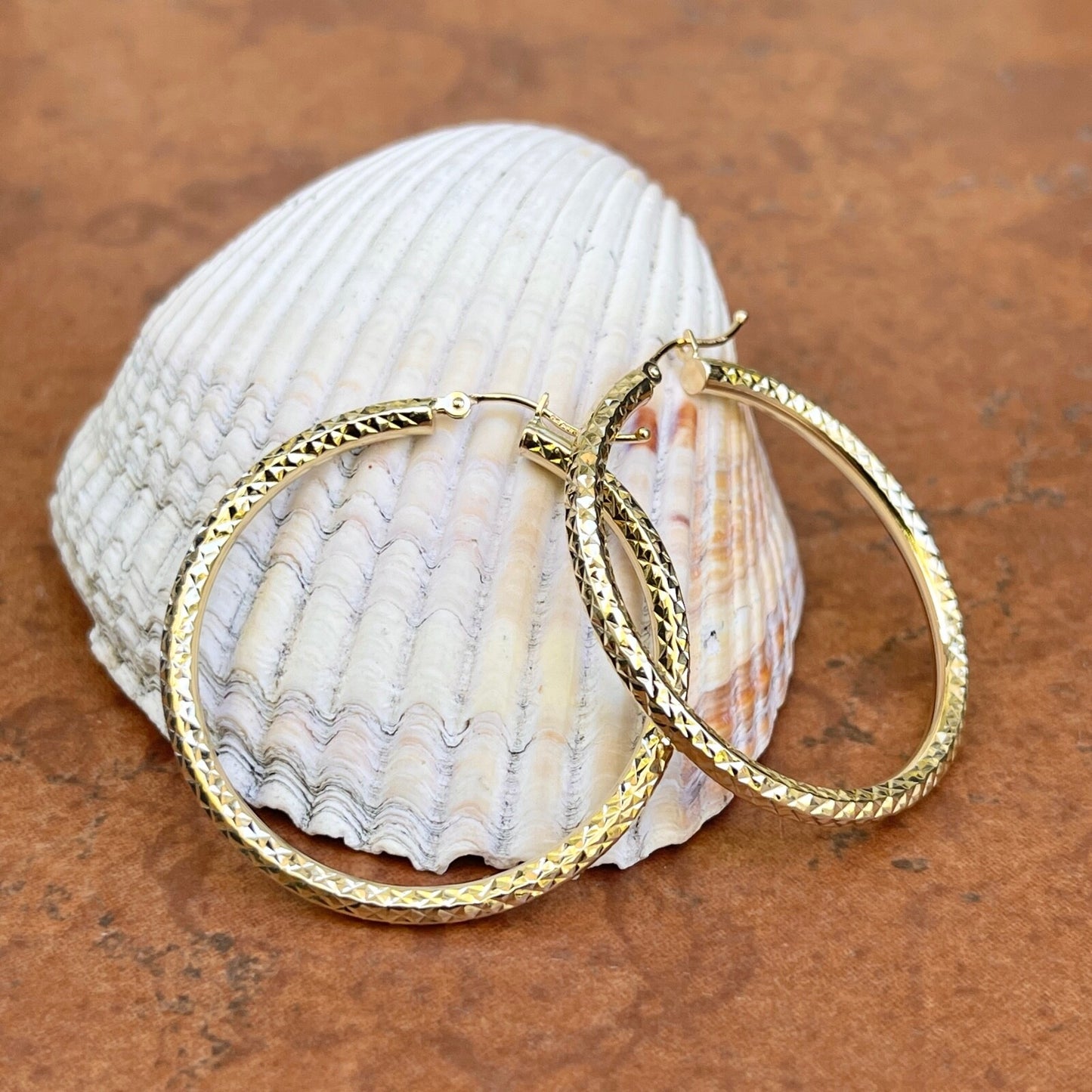 10KT Yellow Gold Diamond Cut 3mm Tube Hoop Earrings 35mm