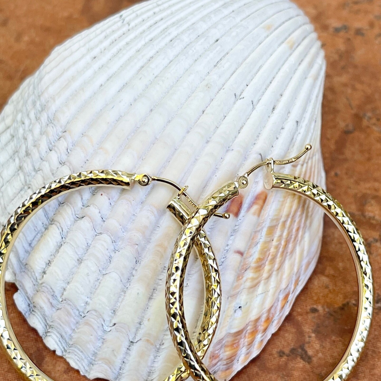 10KT Yellow Gold Diamond Cut 3mm Tube Hoop Earrings 35mm