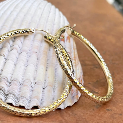 10KT Yellow Gold Diamond Cut 3mm Tube Hoop Earrings 35mm