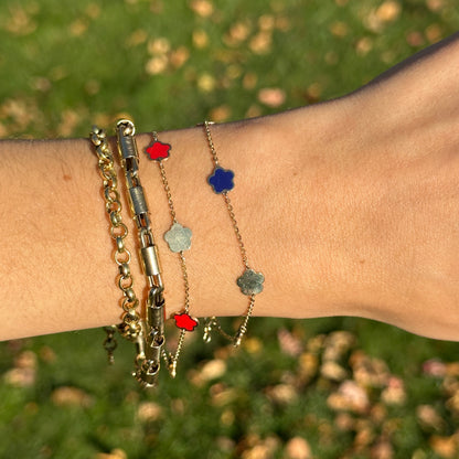 14KT Yellow Gold + Red Enamel 7mm Flowers Station Chain Bracelet