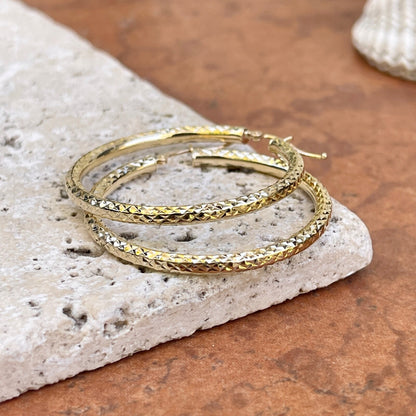 10KT Yellow Gold Diamond Cut 3mm Tube Hoop Earrings 35mm
