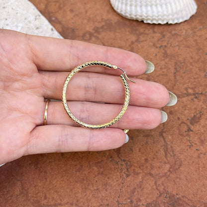 10KT Yellow Gold Diamond Cut 3mm Tube Hoop Earrings 35mm