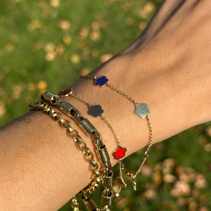 14KT Yellow Gold + Red Enamel 7mm Flowers Station Chain Bracelet