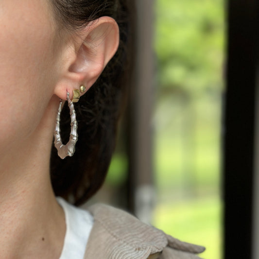 Sterling Silver Bamboo Design Oval Hoop Earrings 42mm