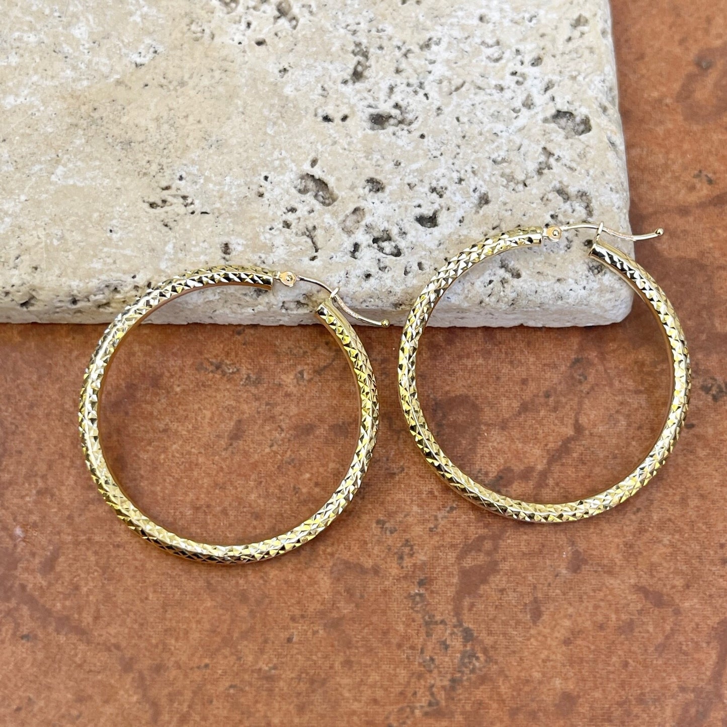 10KT Yellow Gold Diamond Cut 3mm Tube Hoop Earrings 35mm