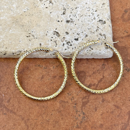 10KT Yellow Gold Diamond Cut 3mm Tube Hoop Earrings 35mm
