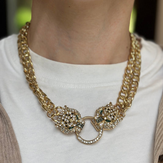 Estate Gold-Tone Rhinestone Double Tiger Head Chain Necklace