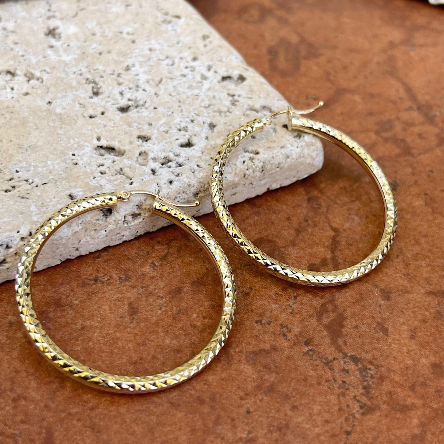 10KT Yellow Gold Diamond Cut 3mm Tube Hoop Earrings 35mm