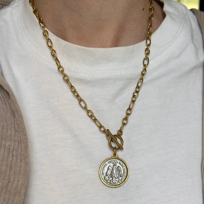 Estate Gold-Tone Mexican 50 Peso Coin Pendant Oval Link Toggle Necklace