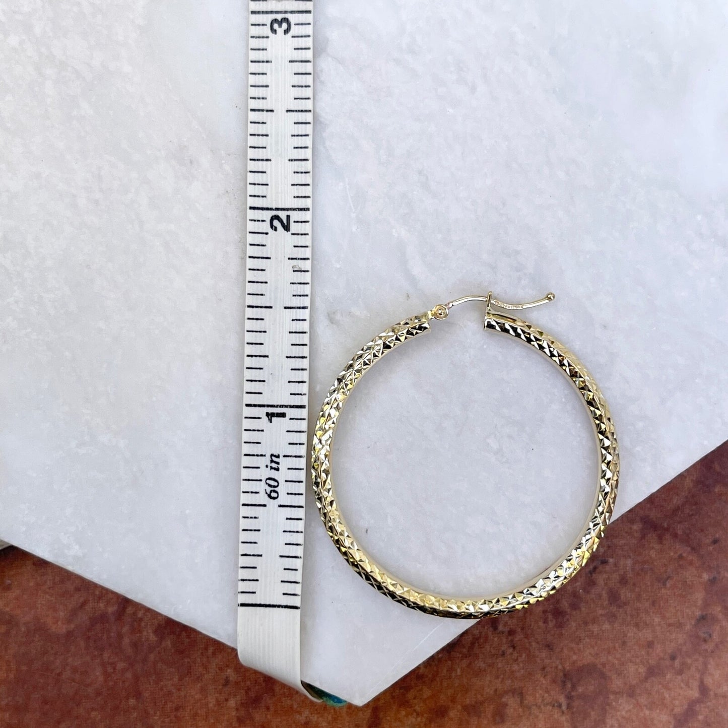 10KT Yellow Gold Diamond Cut 3mm Tube Hoop Earrings 35mm