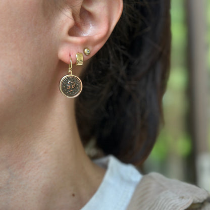 Estate Yellow Tone Faux Roman Coin Bezel Pierced Lever Back Drop Dangle Earrings