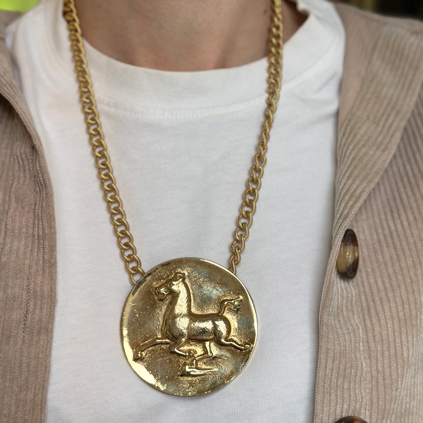 Estate Gold-Tone Alva Museum Replica 1974 Horse Medallion Necklace