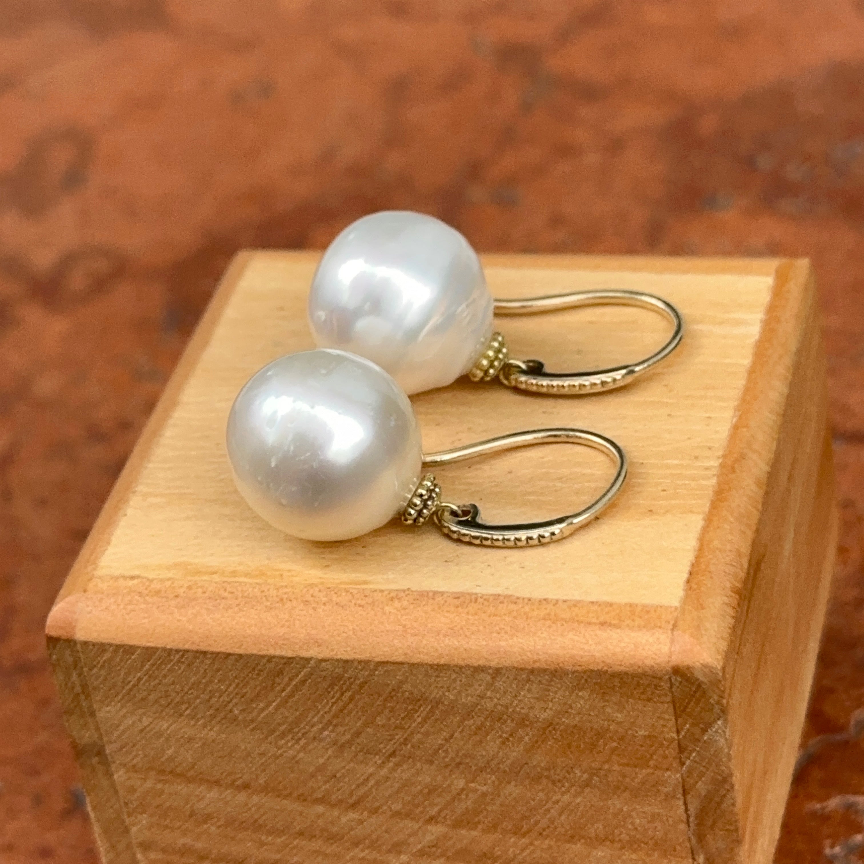 Natural AAA 10-12mm Yellow Gold South Sea Pearl Dangle Earrings - 14K Leverback