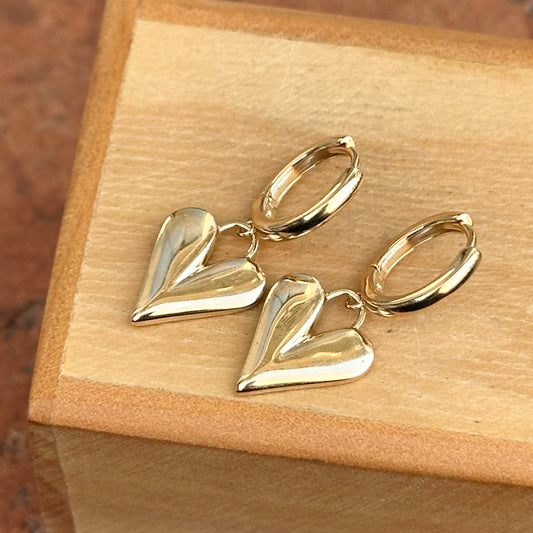 14KT Yellow Gold Heart Charm Huggie Hoop Earrings 25mm