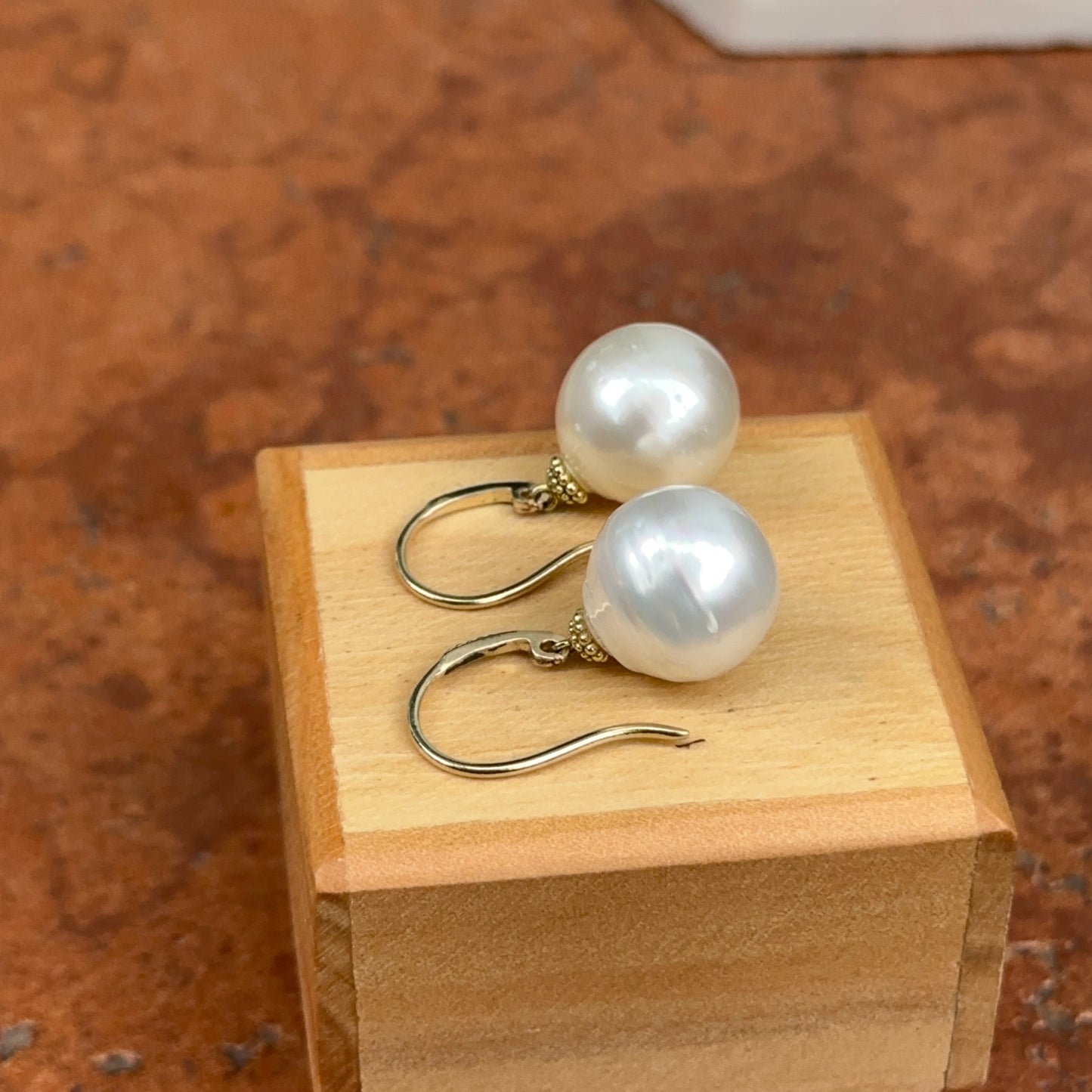 14KT Yellow Gold & Genuine Paspaley Cultured South Sea Pearl Drop Euro-Wire Earrings 12MM #1 "FINE"