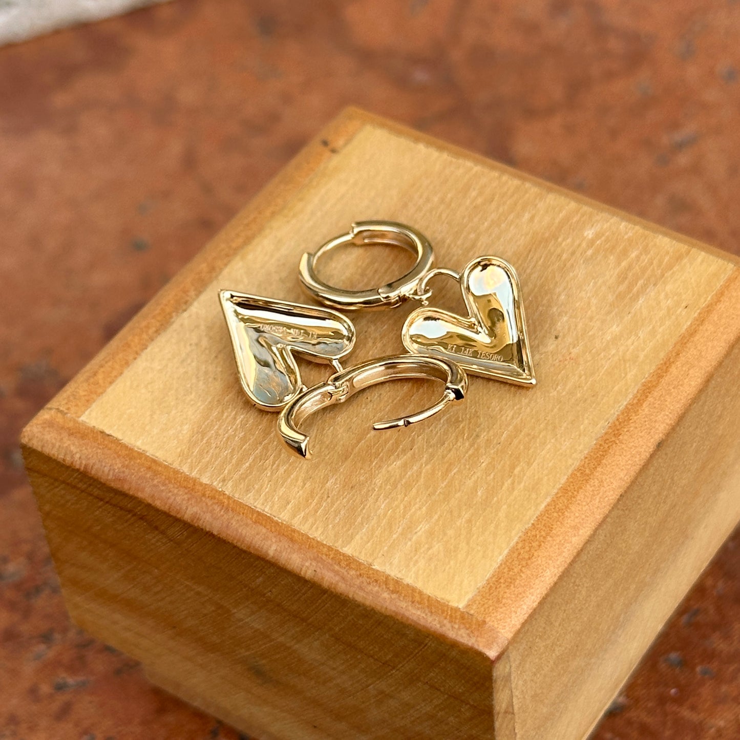 14KT Yellow Gold Heart Charm Huggie Hoop Earrings 25mm