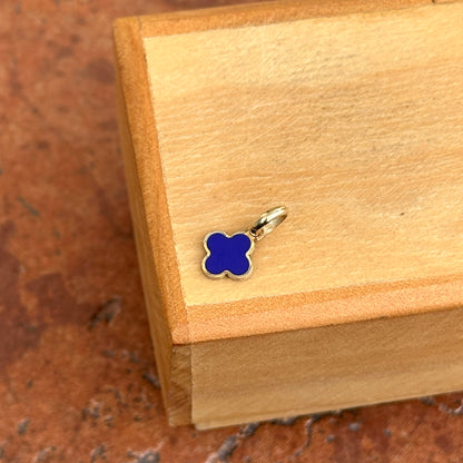 14KT Yellow Gold Mini 4-Leaf Blue Lapis Inlay Clover Pendant Charm 7mm