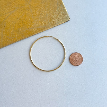 10KT Yellow Gold Shiny Finish Thin 1.50mm Small Hoop Earrings 51mm