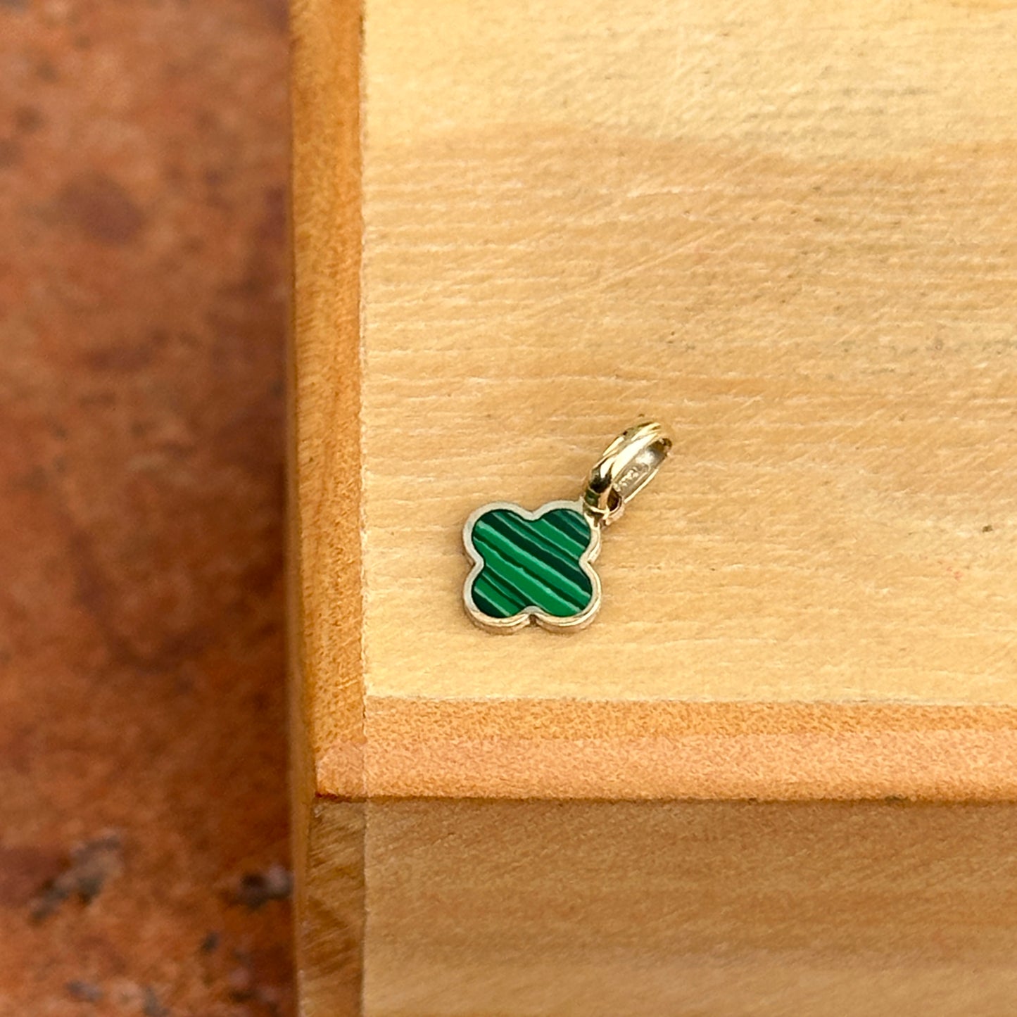 14KT Yellow Gold Mini 4-Leaf Malachite Green Clover Pendant Charm 7mm