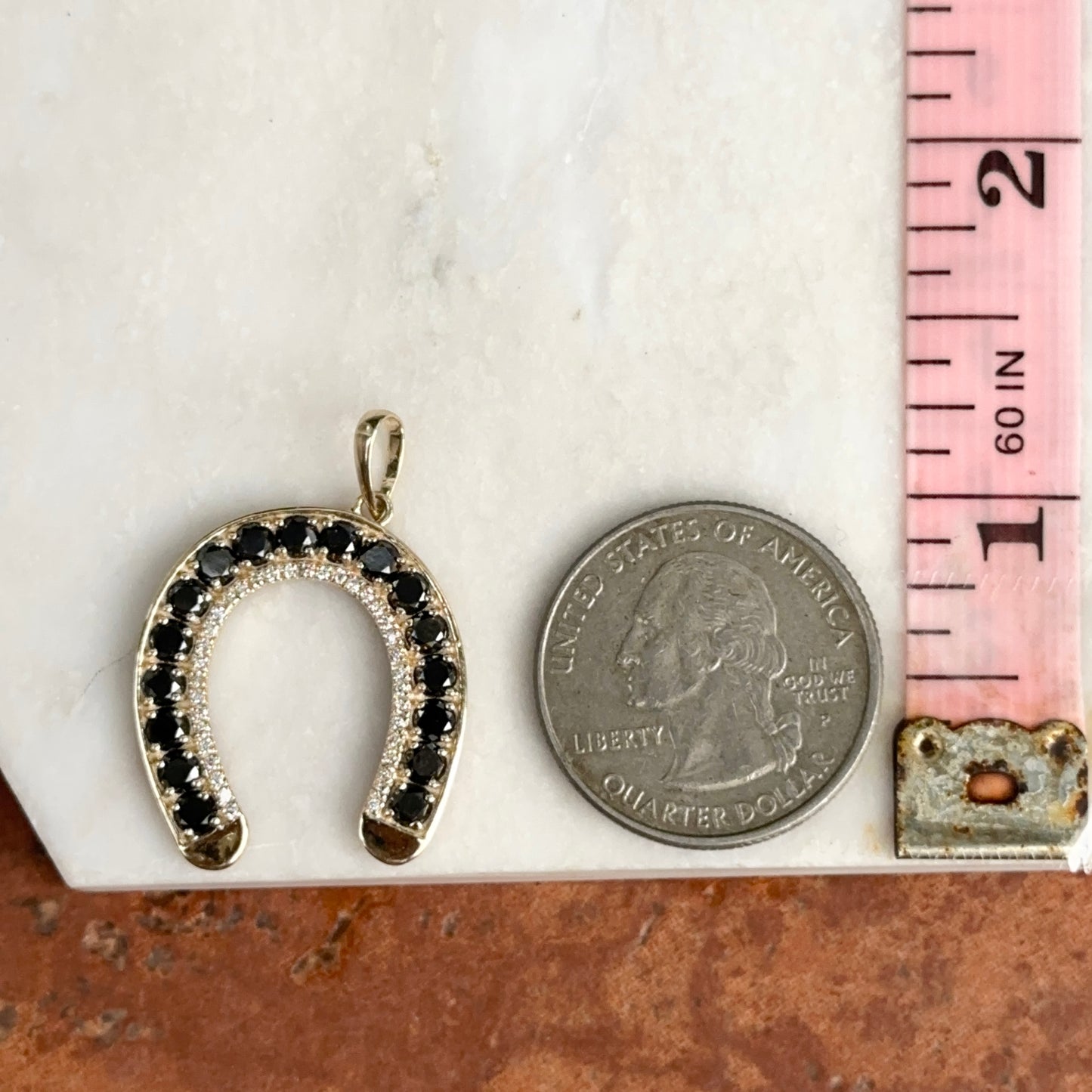 14KT Yellow Gold Black+ White Diamond Horseshoe Pendant