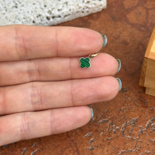 14KT Yellow Gold Mini 4-Leaf Malachite Green Clover Pendant Charm 7mm