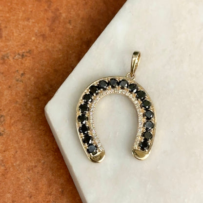14KT Yellow Gold Black+ White Diamond Horseshoe Pendant