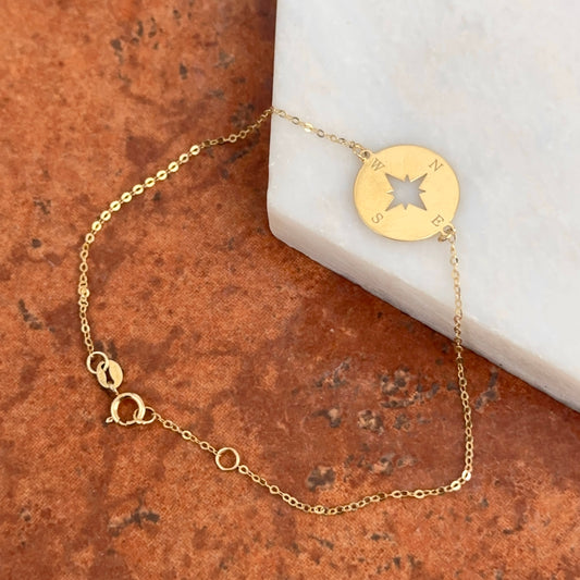 14KT Yellow Gold North Star Compass Disc Charm Bracelet