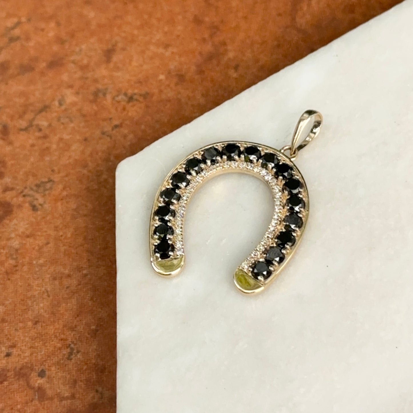 14KT Yellow Gold Black+ White Diamond Horseshoe Pendant