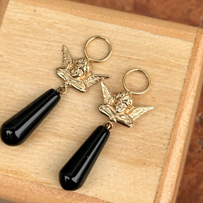 Estate 14KT Yellow Gold Cherub Angel Black Onyx Earring Charms