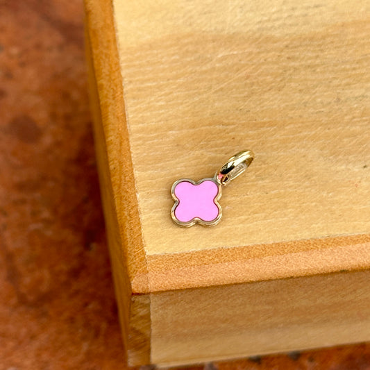14KT Yellow Gold Clover Dark Pink Enamel Pendant Charm 7mm