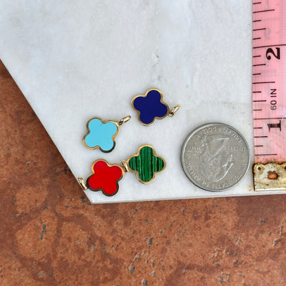 14KT Yellow Gold 4-Leaf Clover Turquoise Inlay Pendant Charm 14mm