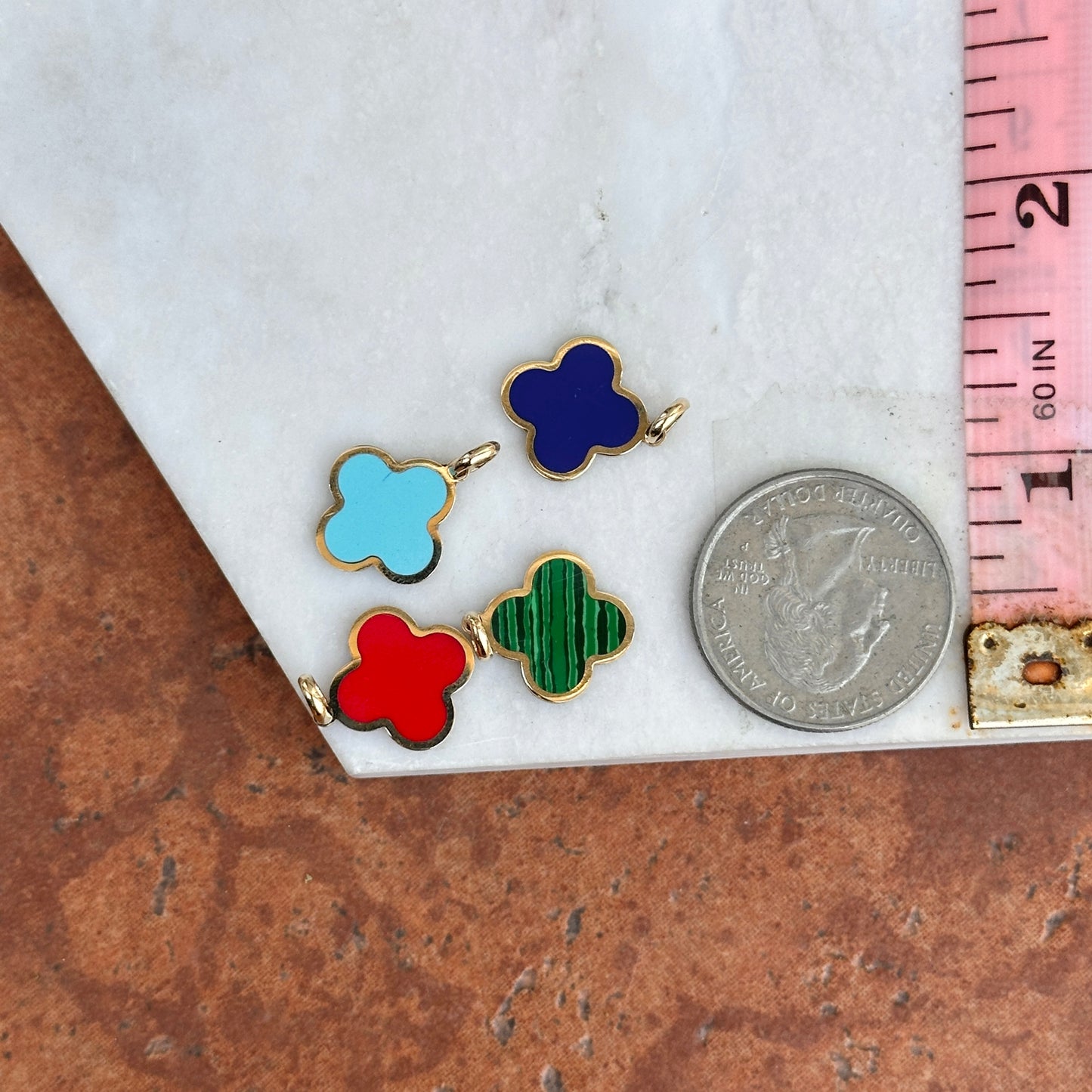 14KT Yellow Gold 4-Leaf Clover Red Enamel Inlay Pendant Charm 14mm