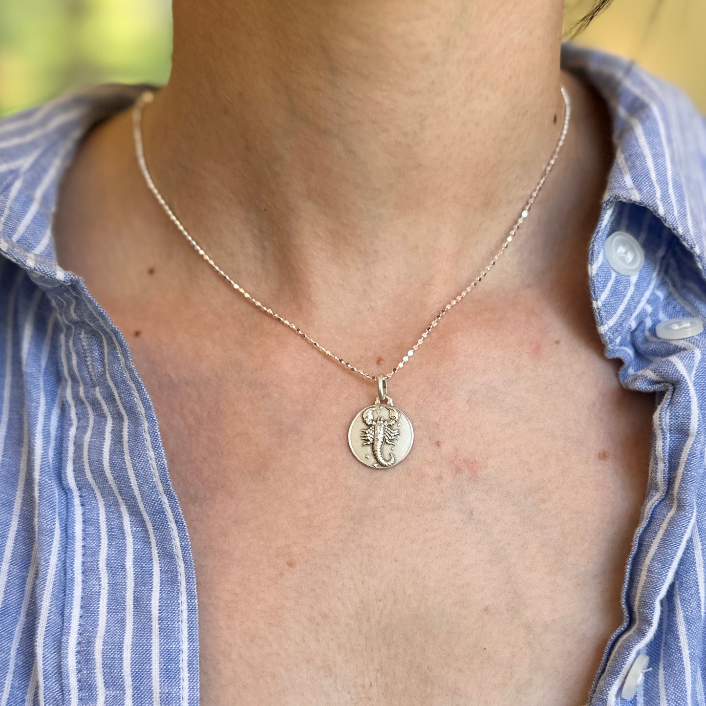 Sterling Silver Zodiac Sign Antiqued Round Medal Pendant 16mm