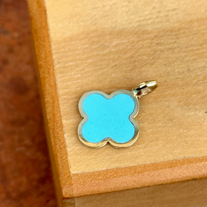 14KT Yellow Gold 4-Leaf Clover Turquoise Inlay Pendant Charm 14mm