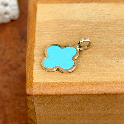 14KT Yellow Gold 4-Leaf Clover Turquoise Inlay Pendant Charm 14mm