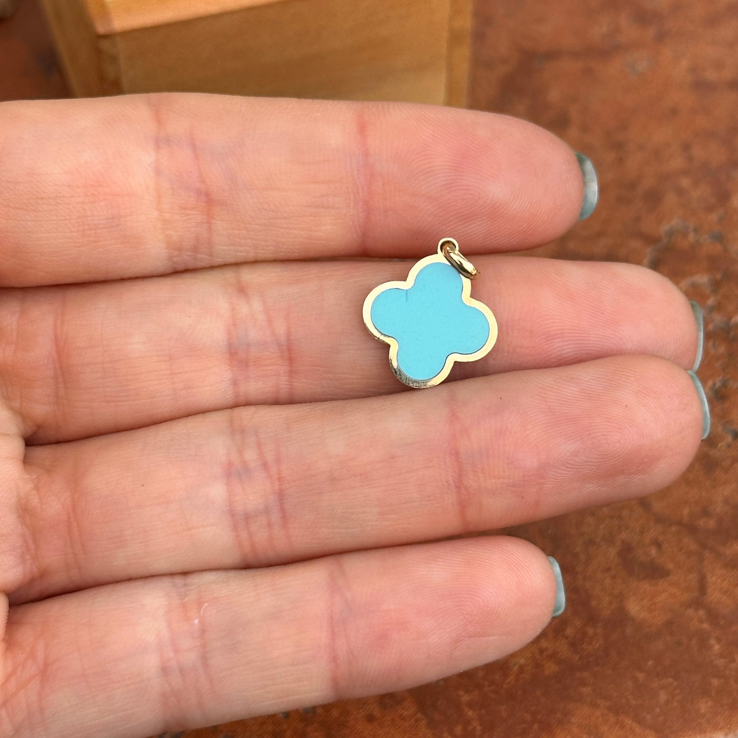 14KT Yellow Gold 4-Leaf Clover Turquoise Inlay Pendant Charm 14mm