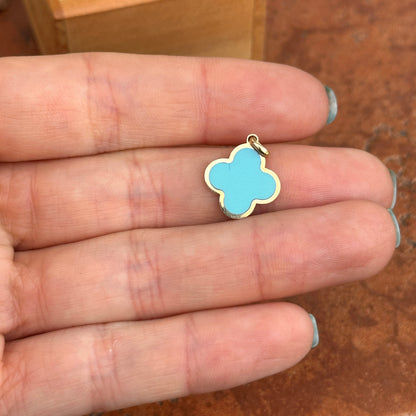 14KT Yellow Gold 4-Leaf Clover Turquoise Inlay Pendant Charm 14mm