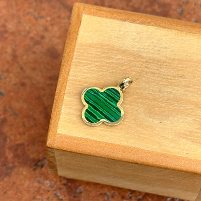 14KT Yellow Gold 4-Leaf Clover Green Malachite Inlay Pendant Charm 14mm