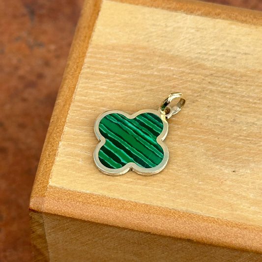 14KT Yellow Gold 4-Leaf Clover Green Malachite Inlay Pendant Charm 14mm
