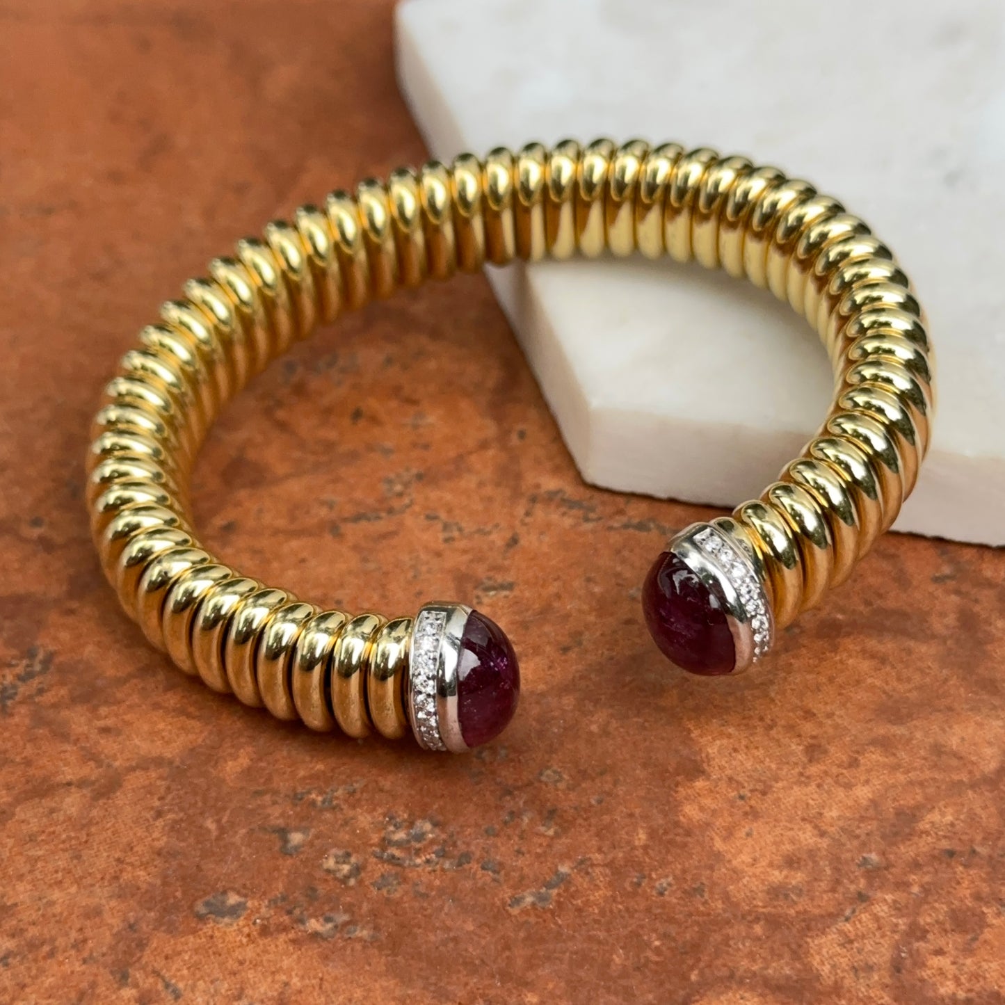 18KT Yellow Gold Pink Tourmaline + Pave Diamond Corrugated Cuff Bracelet