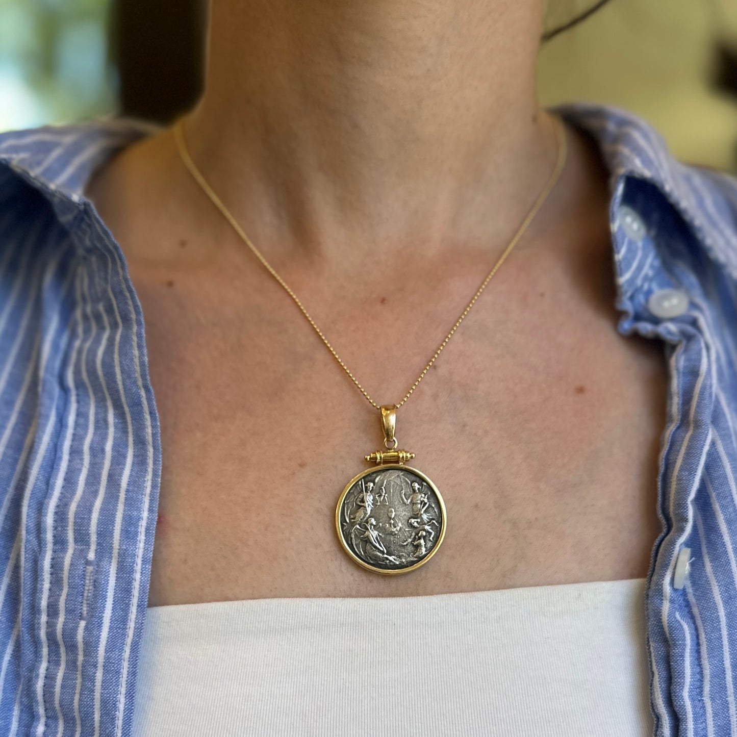 14KT Yellow Gold and Sterling Silver 4 Archangels Coin Bezel Pendant