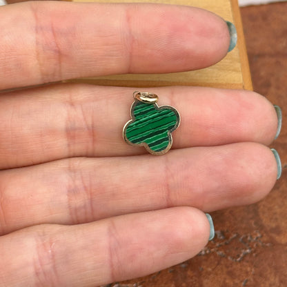 14KT Yellow Gold 4-Leaf Clover Green Malachite Inlay Pendant Charm 14mm