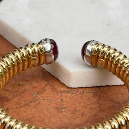 18KT Yellow Gold Pink Tourmaline + Pave Diamond Corrugated Cuff Bracelet