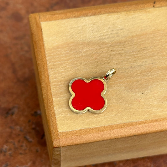 14KT Yellow Gold 4-Leaf Clover Red Enamel Inlay Pendant Charm 14mm